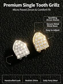Grill de un solo diente con strass unisex, grill de diente con strass brillante estilo hip hop, joyería de diente con strass, grill de un solo diente con strass de circonita cúbica, adecuado para Halloween, fiesta, discoteca, rapero, cosplay - Multicolor - Ver 4