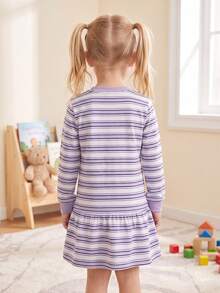 Gaun Lengan Panjang Motif Garis-Garis Kartun Terbaru Musim Semi/Gugur, Gaun Sweatshirt Longgar Leher Bulat, Cocok Untuk Anak Perempuan Usia 3 Tahun Ke Atas - Mauve Purple - View 6