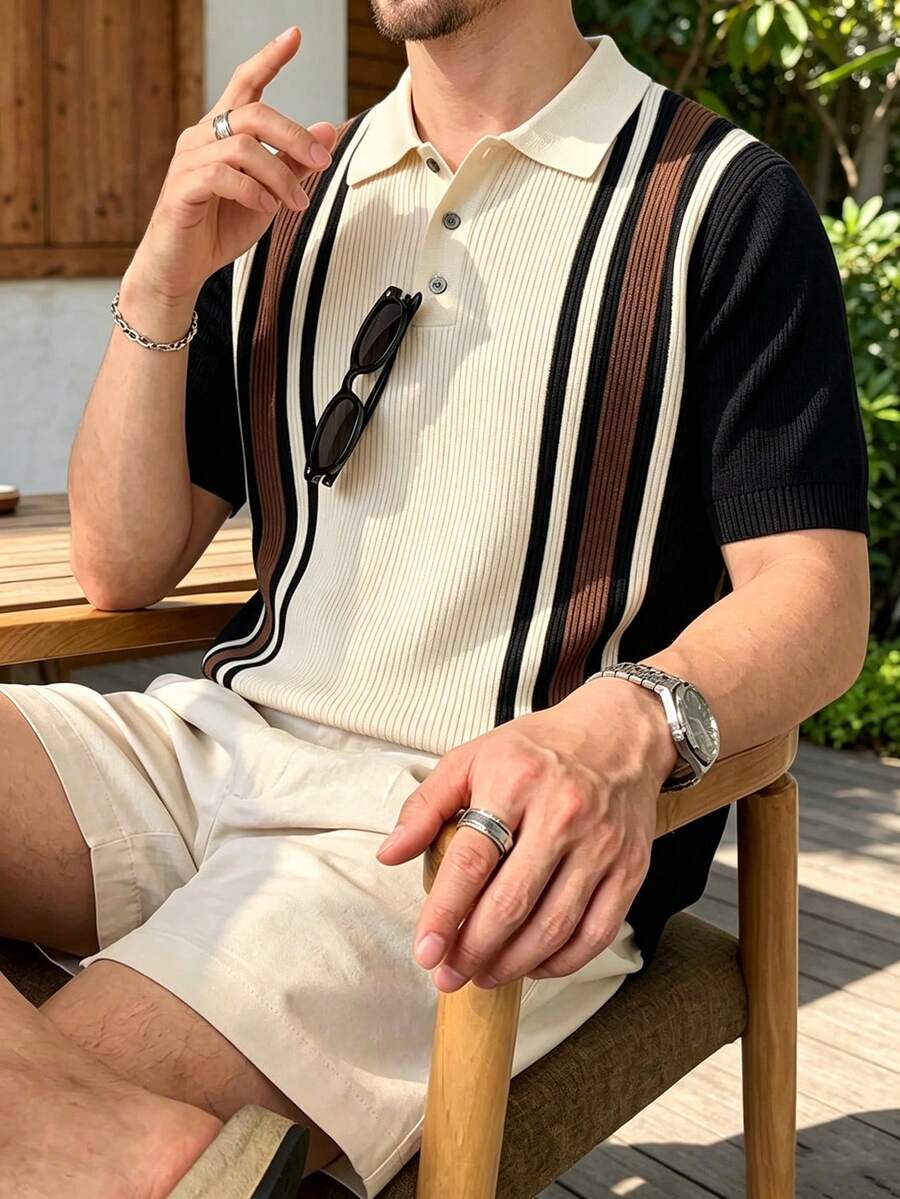 ALTZTAR 男士短袖配色拼接極簡休閒海鷗領針織上衣 - 黑色 - 查看 1