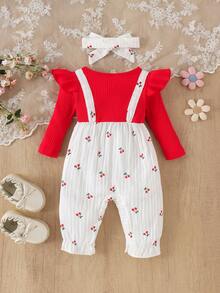 1 pieza Mono para bebé niña con lazo acanalado y estampado de margaritas, con diadema, ligero para primavera/otoño - Rojo - Ver 2