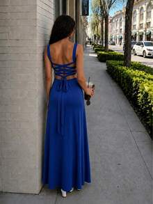Women's Elegant Blue Sleeveless Knit Maxi Dress, Backless Design, Decorated With Knot Details And High Slit, Suitable For Formal Occasions Party - Blue - View 2