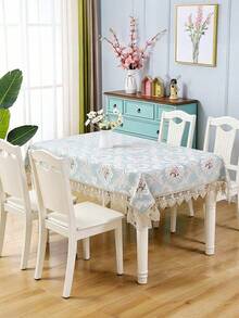 HXARTMIS 1PC Vintage Floral Lace Trim Square Tablecloth, Light Blue Jacquard Pattern Washable Fabric Dining Table Cover, Suitable For Restaurant Kitchen Home Decor - Baby Blue - View 4