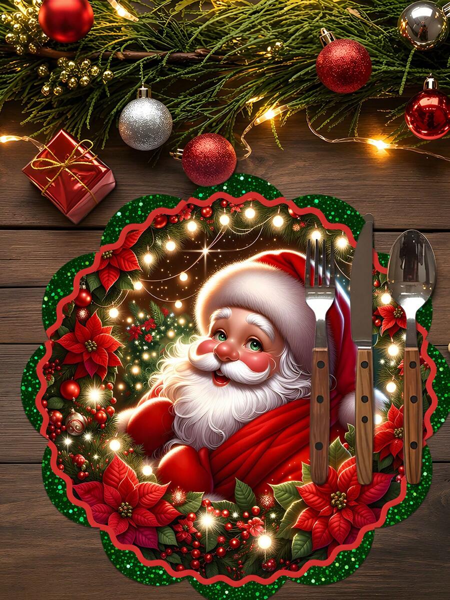 2/4/600pcs Christmas Party Flower Placemats - Santa Claus, Poinsettia, Christmas Decorations And Berries; 13.78 Inch Linen Material; Tabletop Decor Non-Slip, Heat Resistant And Machine Washable - Multicolor - View 1