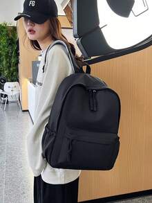 1pc Nylon Solid Color Large Capacity Backpack, Fashion Casual Student School Commute Travel Bag For Men And Women - Black - View 2