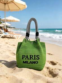 女款節慶針織手提包，復古字母沙灘包，可拆卸編織肩帶，適合購物、通勤與度假旅行 - 彩色 - 查看 15