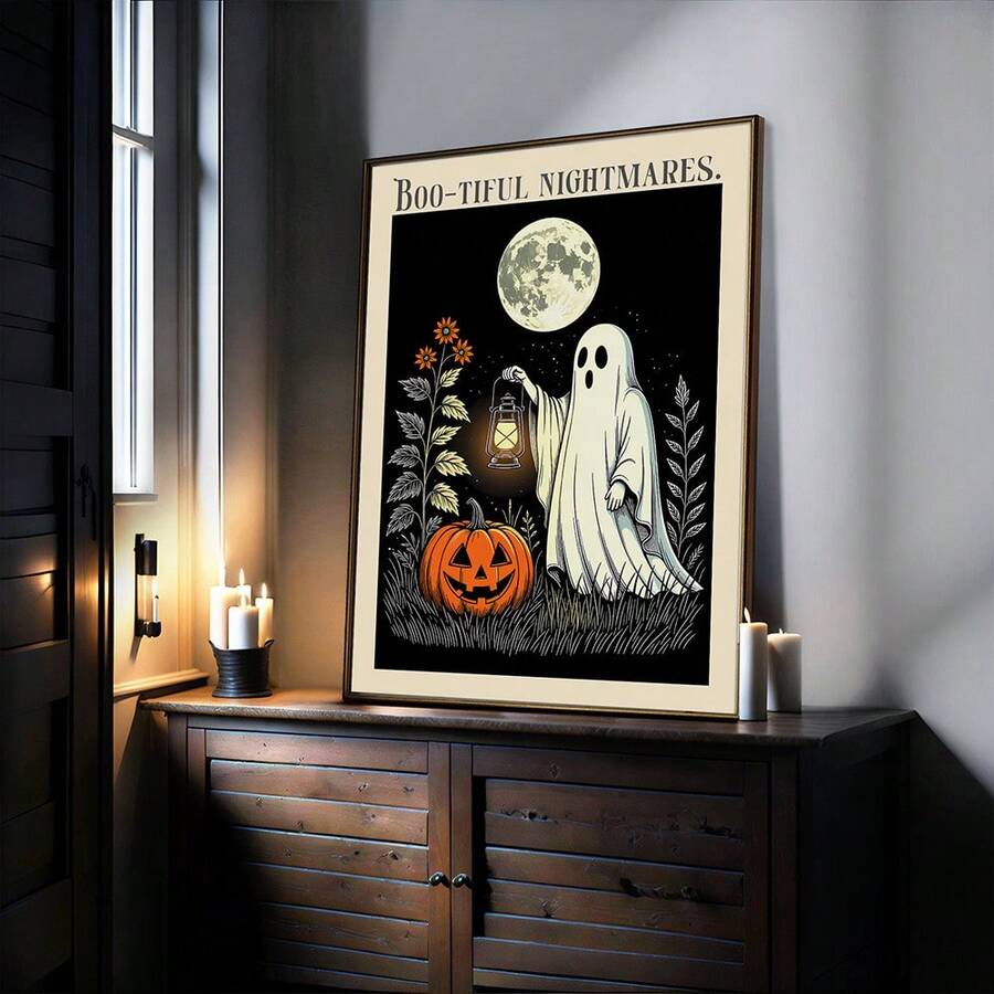 1pc Cute Ghost Canvas Wall Art Decor Spooky Halloween Poster Retro Pumpkin Print Gothic Moonglow Painting Aesthetic Hanging Picture Funny Quote Artwork For Bedroom Living Room Holiday Home Decor Unframed /Framed/Wooden Hanging - Pattern - View 1
