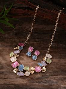 Cring Coco 3Pcs Women Multicolor Pastel Enamel Jewelry Set Golden Tone Chunky Statement Necklace Drop Earrings Open Cuff Bracelet Color Block Matching Jewellery - Geometry 1 - View 6