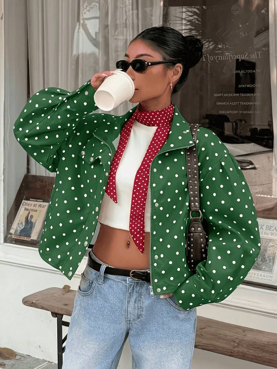 Women's Polka Dot Woven Fabric Button-Up Jacket, Casual Autumn Top