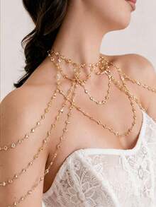 1pc New Multi-Layer Tassel Shoulder Chain Body Jewelry, Minimalist Luxury Elegant Bridal Wedding Dress Evening Gown Accessory For Women - Gold - View 1