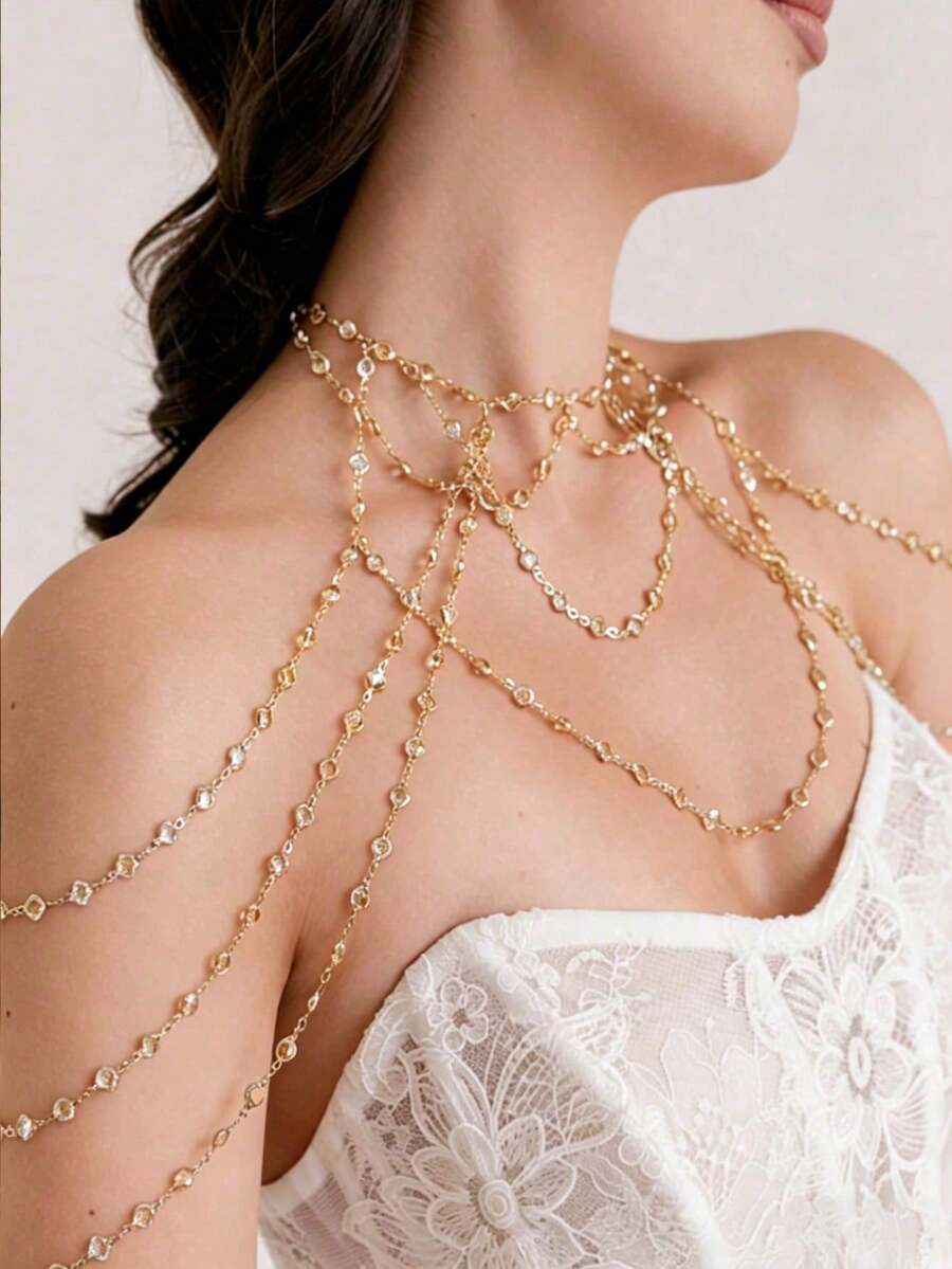 1pc New Multi-Layer Tassel Shoulder Chain Body Jewelry, Minimalist Luxury Elegant Bridal Wedding Dress Evening Gown Accessory For Women - Gold - View 1