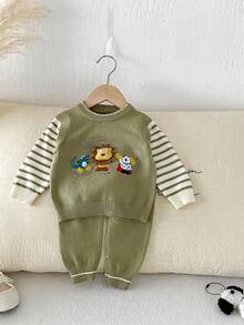 Infant Toddler Spring Autumn New Knitted Sweater Set, Cartoon Lion 3D Embroidered Faux Two-Piece Top And Pants Set - Green - View 3