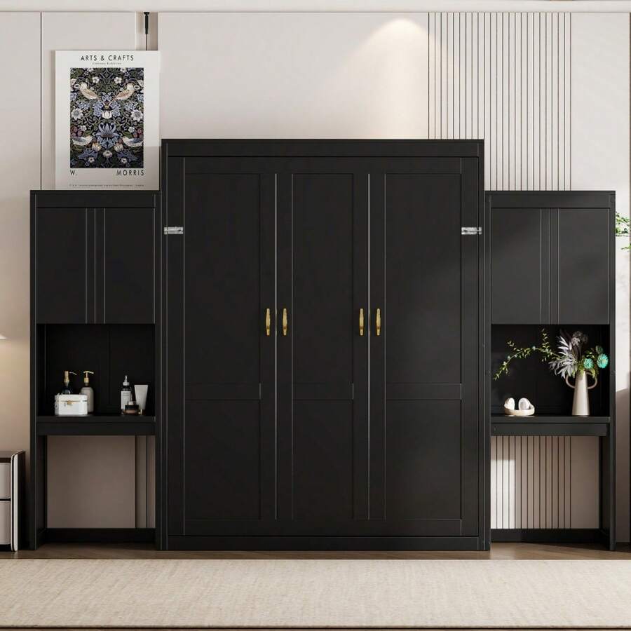 Queen Size Murphy Bed With Desk, Vanity And Cabinets, Espresso OLD SKU: N820S00057P - Espresso + Wood + Queen - View 1