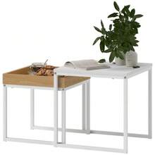 Mesa de centro moderna, juego de 2, mesa auxiliar, para espacios pequeños, cuadrada, MDF, metal, blanca - Blanco - Ver 1
