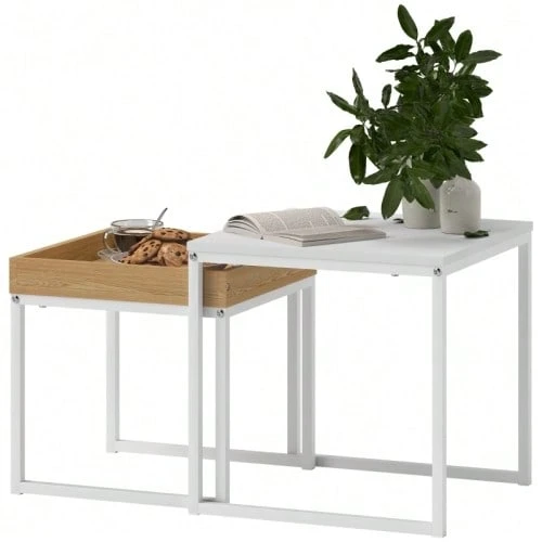 Mesa de centro moderna, juego de 2, mesa auxiliar, para espacios pequeños, cuadrada, MDF, metal, blanca - Blanco - Ver 1