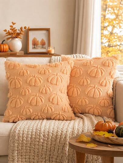 Homemorelove 1/2pcs Autumn Home Decor Throw Pillow Covers, 3D Large & Small Pumpkin Pattern Embroidered Plush Pillowcases, Polyester, Invisible Zipper, No Pillow Insert, Suitable For Living Room, Bedroom, Sofa, Thanksgiving, Halloween Atmosphere Decoration