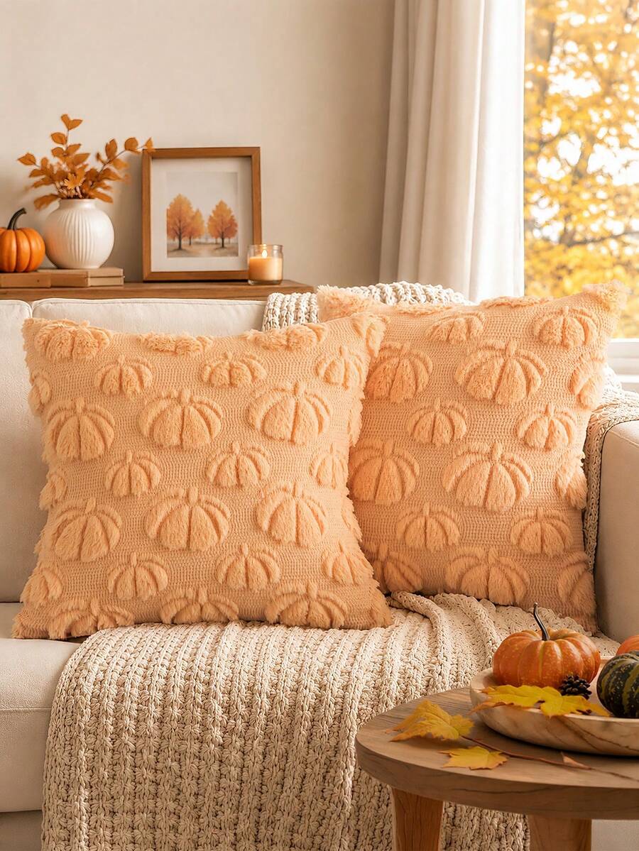 Homemorelove 1/2pcs Autumn Home Decor Throw Pillow Covers, 3D Large & Small Pumpkin Pattern Embroidered Plush Pillowcases, Polyester, Invisible Zipper, No Pillow Insert, Suitable For Living Room, Bedroom, Sofa, Thanksgiving, Halloween Atmosphere Decoration