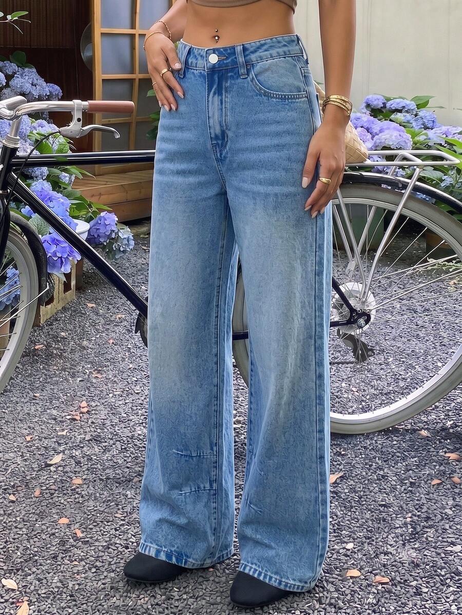 Women's Light Blue Washed Wide Leg Jeans, Mid-Waist Cat Whisker Loose Straight Leg Floor Length Pants, Versatile Bottoms For Daily Commute