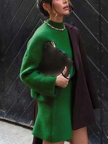Lazy Street Style Knit Set, Half-High Neck Drop Shoulder Short Sweater + Elastic Waist Mini Skirt, Soft Casual Autumn/Winter Women's Matching Outfit - Green - View 10