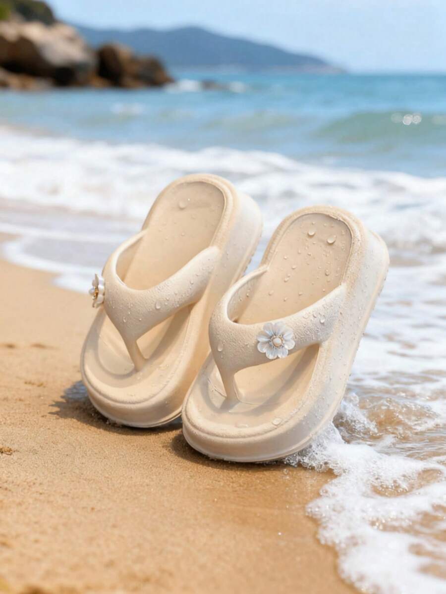 HAHABOBO Girls' Thick Sole Flip Flops, Exquisite Rhinestone Flower Decor, Minimalist Sweet Style Summer Beach Vacation Casual Children's Fashion Slippers - Apricot - View 1