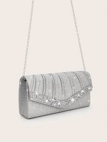 REMANLAND Mini glänzende Ketten-Clutch mit Falten und quadratischem Design, Strass-Abendtasche, perfekt passend zu Damen-Ballkleid, Ball-Accessoires, Paillettenkleid, elegante Balltasche, geeignet für Hochzeit, Abendparty, Party, Ball, Abend-/Bankett-Anlässe. - Silber - Übersicht 3