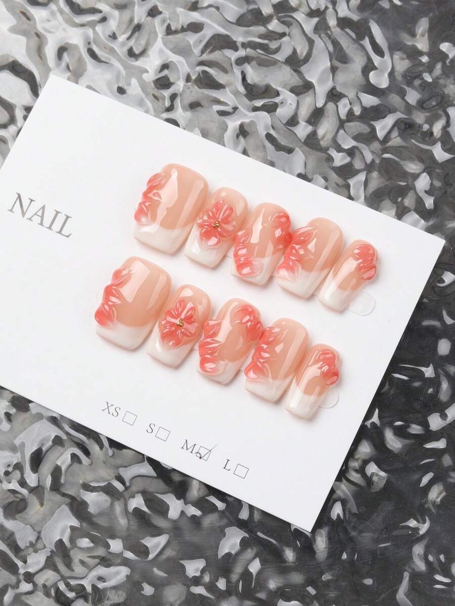 10 Peças/Conjunto Conjunto de Arte de Unhas Estilo Hip-Hop Y2K Feito à Mão, Cobertura Total Quadrada Francesa Comprimento Médio-Longo, Design Floral Pintado à Mão 3D, Acabamento Brilhante, Esquema de Cores Rosa e Branco, Estilo Minimalista de Férias Elegante de Alta Qualidade em Formato de Pato, Unhas de Arte 3D Feitas à Mão, Unhas Postiças - Multicolorido - Visão 1