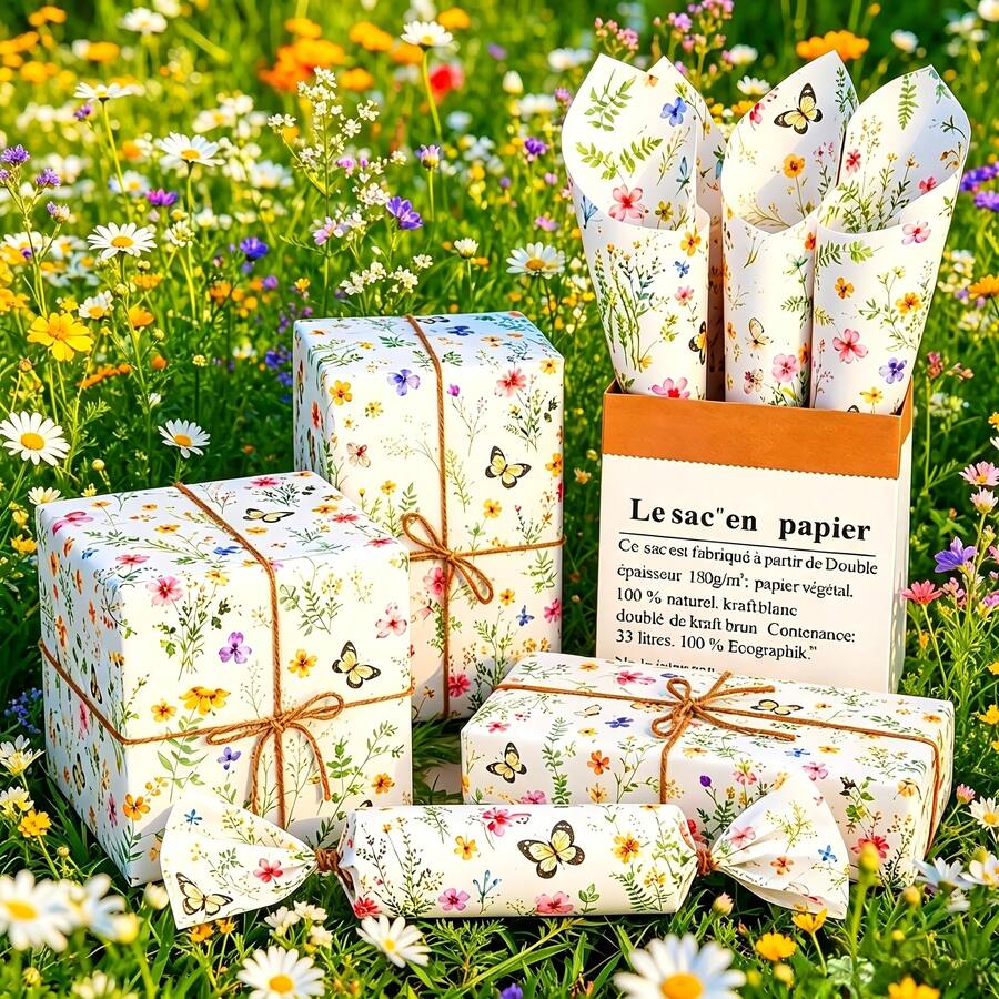 10入彩色蝴蝶與野花圖案紙巾，50*35cm禮品包裝紙，適用於婚禮、派對、新娘婚前派對、嬰兒洗禮、性別揭曉派對、生日禮物包裝、花束包裝、禮品袋填充物、節日派對禮物裝飾