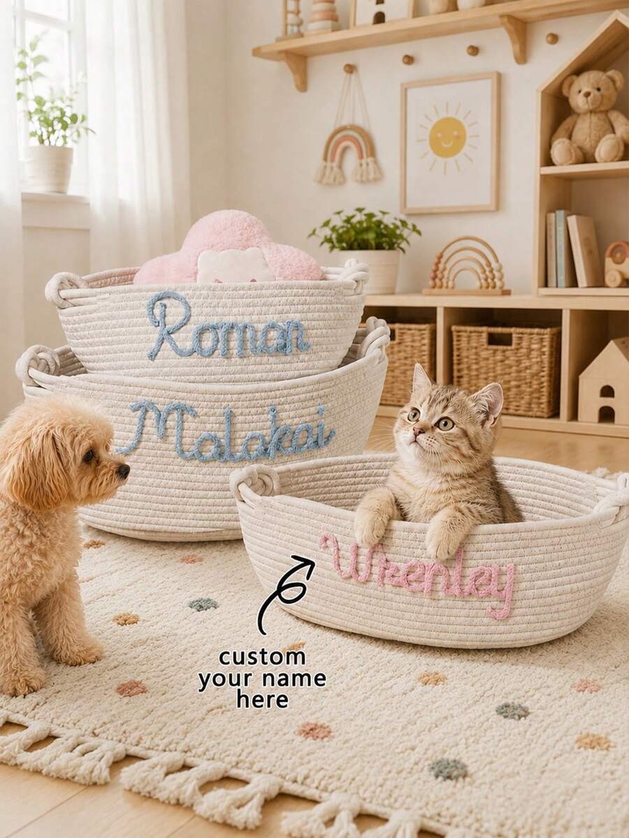 1pc Custom Names Of Cats Or Dogs Woven Storage Basket, Soft Cotton Rope Woven Pet Bed, Desktop Storage Tool With A Customizable Name, Storage Basket For Pet Snacks Or Toys, Multipurpose Basket, Handled Basket, Home Decor, Christmas Present - Multicolor - View 1