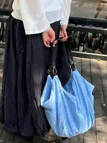 日韓風小眾設計 INS 藍色樹枝鏤空印花手提肩背包 女款休閒通勤外出日常購物大容量托特包 - 藍色 - 查看 4