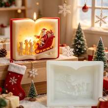 Christmas Book Shaped Silicone Mold, Santa Claus Sitting On Sleigh Delivering Gifts Embossed Aromatherapy Candle Mold, Mold For Making Holiday Christmas Book Shaped Aromatherapy Candles, Christmas Home Decor Accessories And Handmade Holiday Gifts - A - View 1
