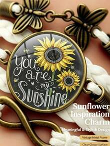 獨特波希米亞風時間寶石「Youaremy Sunshine」格言向日葵編織手鍊，無限符號蝴蝶復古編織繩手鍊，耐用PU皮革，優雅適合日常配戴，女孩假日禮物，夏季度假珠寶（由於光線和拍攝角度，實際產品與圖片之間可能存在輕微尺寸差異） - 白色Youaremy Sunshine - 查看 2