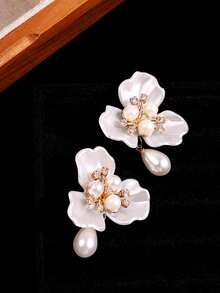 1 par de pendientes elegantes, lujosos, exquisitos y de moda con flores y perlas para mujer, adecuados para vacaciones, fiestas, playa, uso diario casual, accesorio versátil - Multicolor - Ver 4