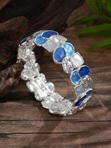 Cring Coco 3Pcs Irregular Geometric Women Blue Enamel Geometric Jewelry Set Chunky Statement Necklace Earrings Cuff Bracelet Boho Color Block Metal Accessory - Geometry 1 - View 5