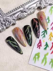 Pegatinas de uñas con diseño de llama, calcomanías de arte de uñas con corazón de rayo colorido y flor, suministros de arte de uñas con degradado de punta negra - Multicolor - Ver 9