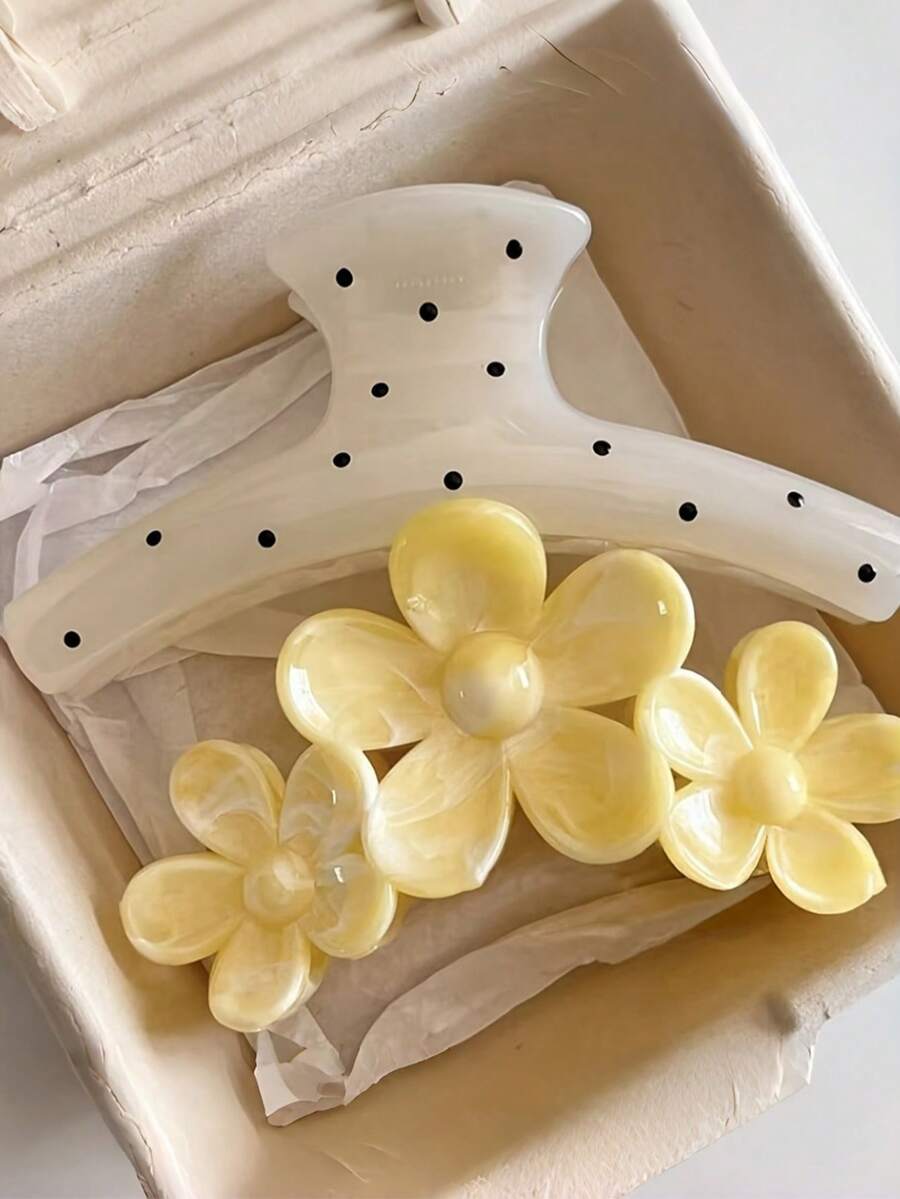 2PCS Cream Gradient 3-Flower Claw Clips, French Polka Dot Hair Claw, Gentle Atmosphere Hair Clips For Back Of Head Updo, Suitable For Daily Wear, For Thick Hair