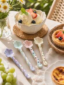 1SET Candy Color Cute Long Handle Ceramic Spoon, Cartoon Dessert Spoon, Hand-Painted Ice Cream Spoon, Asymmetrical Twisted Handle, Colorful Kitchen Utensils, Suitable For Stirring, Serving And Entertaining, Yogurt Spoon - View 3