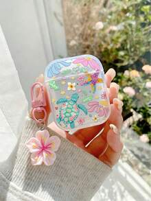 花卉海龜彩繪透明藍牙耳機保護殼附手鍊，時尚保護套適用 S4、Apple 無線藍牙耳機殼，亮面 Pro2 全包覆 Pods 31/2/3 代防摔軟殼 - 彩色 - 查看 2