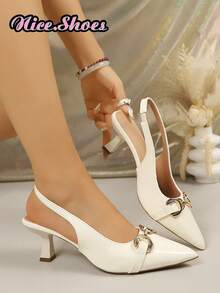Sandal Hak Tinggi Wanita Ujung Lancip dengan Gesper Logam Model Horsebit, Tali Belakang yang Dapat Diatur, Sepatu Hak Tinggi Elegan untuk Perjalanan Sehari-hari dan Kencan - Putih - View 6