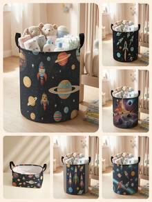 1pc, Round Storage, Extra Large Capacity Foldable, Durable, Space Pattern Printed Large Capacity Foldable Round Storage Basket, With Handle, Baby Room Multi-Purpose Storage Basket, Baby Sundries Organization Storage Basket Large Capacity Storage Box, Baby Room Storage, Baby Supplies Storage, Diaper Storage, Clothing Storage, Baby Supplies Sundries Storage, Multi-Purpose Storage Box, Foldable Baby Supplies Storage Box - Multicolor - View 2