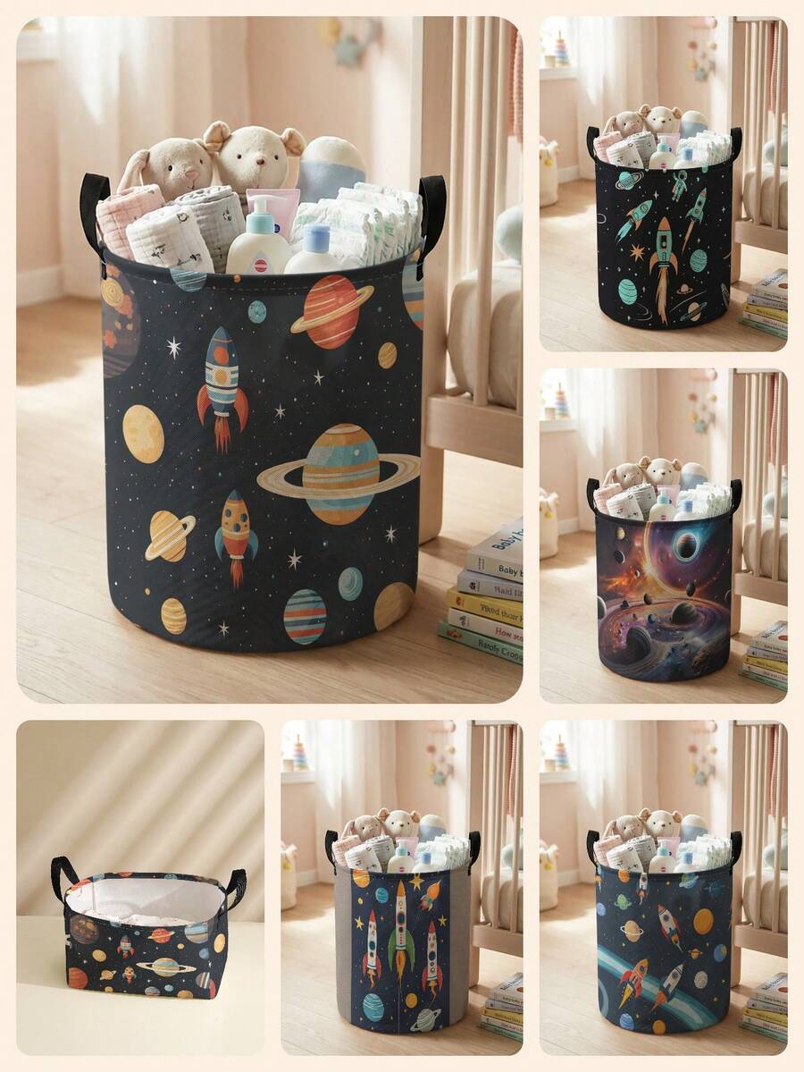 1pc, Round Storage, Extra Large Capacity Foldable, Durable, Space Pattern Printed Large Capacity Foldable Round Storage Basket, With Handle, Baby Room Multi-Purpose Storage Basket, Baby Sundries Organization Storage Basket Large Capacity Storage Box, Baby Room Storage, Baby Supplies Storage, Diaper Storage, Clothing Storage, Baby Supplies Sundries Storage, Multi-Purpose Storage Box, Foldable Baby Supplies Storage Box