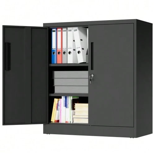 Metal Storage Cabinet With Two Lockable Doors And Two Adjustable - 黑色 - 查看 1