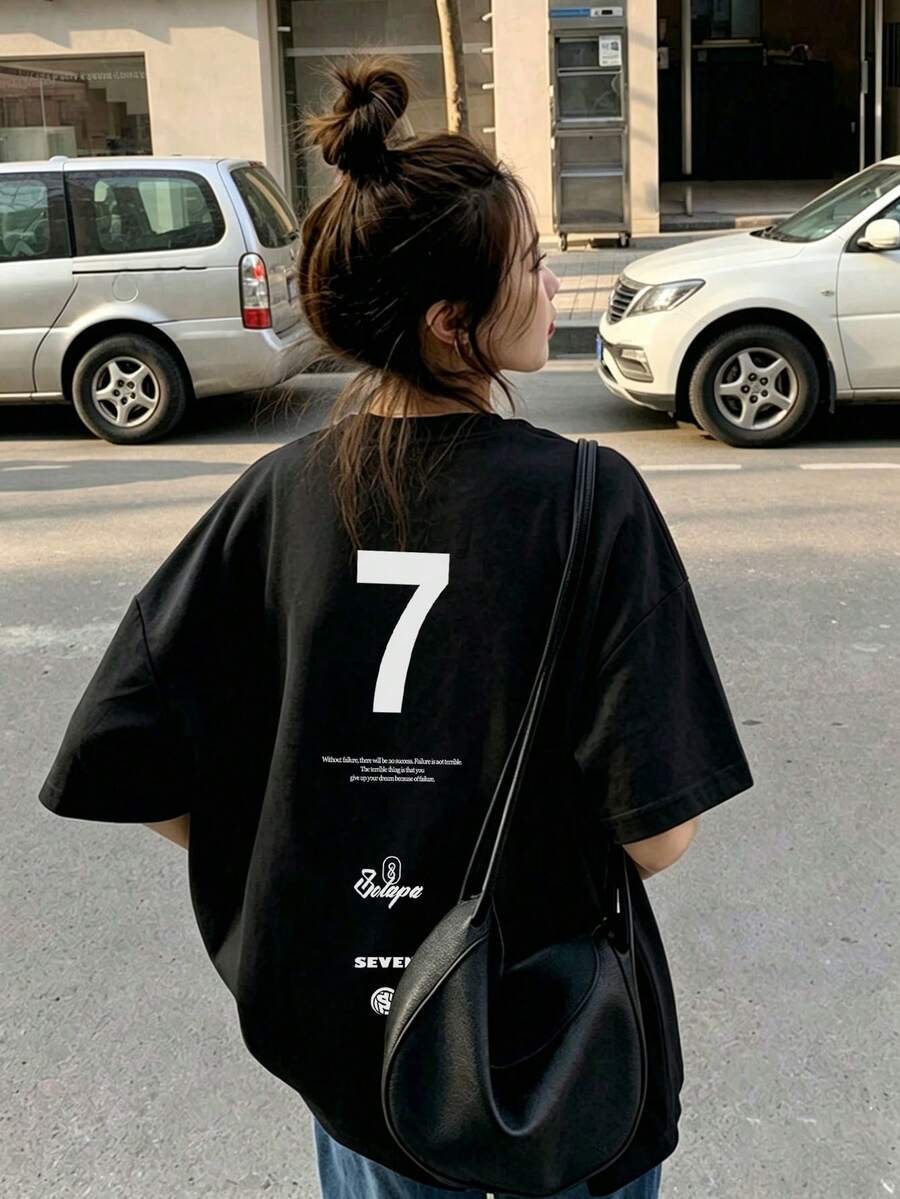 女款時尚夏季寬鬆圓領簡約百搭字母印花短袖T恤休閒風 - 黑色 - 查看 1