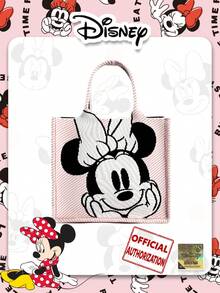 Disney 卡通图案针织手提包，便携可折叠设计腕包，适合日常搭配、购物、聚会、节日礼物 - 粉色 - 查看 2