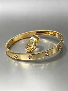 1/2pcs Stainless Steel 18K Gold Plated Four-Leaf Clover Bracelet & Ring Set, Rhinestone Inlaid, Luxury Jewelry Wedding Accessories - Gold - View 2