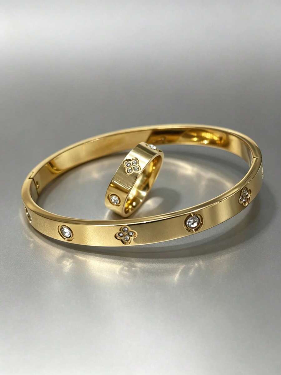 1/2pcs Stainless Steel 18K Gold Plated Four-Leaf Clover Bracelet & Ring Set, Rhinestone Inlaid, Luxury Jewelry Wedding Accessories
