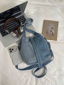 Vintage Colorblock Washed Canvas Tote Bag, Handheld & Crossbody, Cargo Style Style, Large Capacity Student Commuter Bag - Blue - View 8