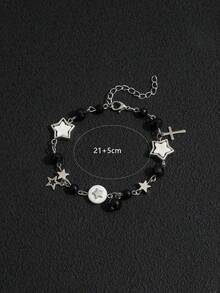 1件 Y2K 甜酷風黑白星星串珠十字手鍊，小眾設計鏤空五角星黑色刻面珠女款百搭手飾 - 銀色 - 查看 6