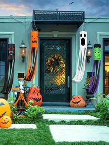4 piezas Banderas de jardín con temática de Halloween, impresas con patrones de dibujos animados de fantasmas, calabazas, murciélagos y otros monstruos aterradores. Perfectas para decoración colgante al aire libre, letreros de patio de Halloween, o decoraciones de fiesta para el hogar, patio, césped, jardín y pasillo. - color - Ver 6