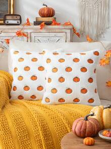 Homemorelove 1/2pcs PV Velvet Small Pumpkin Embroidered Pillow Case, Autumn Decor, Thanksgiving, Halloween Atmosphere Home Decoration Throw Pillow, Suitable For Living Room, Bedroom, Sofa, Pillow Insert Not Included - Bleached Rabbit Fur Bright Orange - View 7