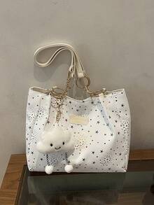 1pc Cloud Pendant Decor Colorful Star Pattern Polyester Fiber Large Capacity Zipper Fashion Shoulder Bag Suitable For Women's Daily Use - Multicolor - View 6