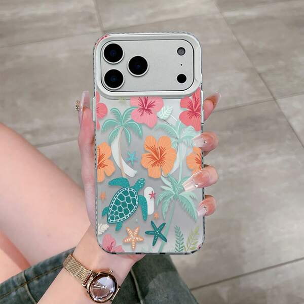 HANCAI 1pc Magnetic Tropical Island Turtle Coconut Tree Hibiscus Full Coverage Shockproof Phone Case, Fresh Summer Beach Vacation INS Style Unisex Protective Cover, Compatible With IPhone17/17Pro/17ProMax/16/11/16Plus/16ProMax/16e/15ProMax/13/14/12/14ProMax/12ProMax/13ProMax/12Pro/13Pro/14Pro